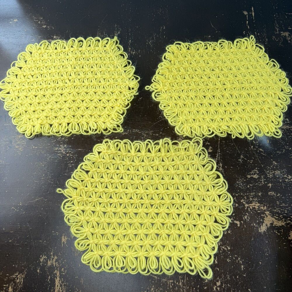 Vintage Yellow Broomstick Lace Crochet Placemats Doilies Table Mats Set of 3 15”